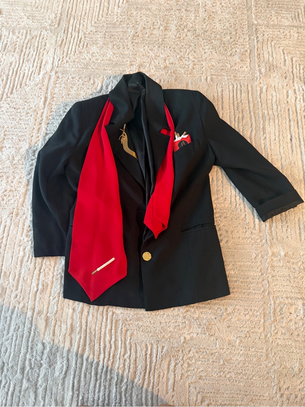 Black Blazer with Red Scarf Accent